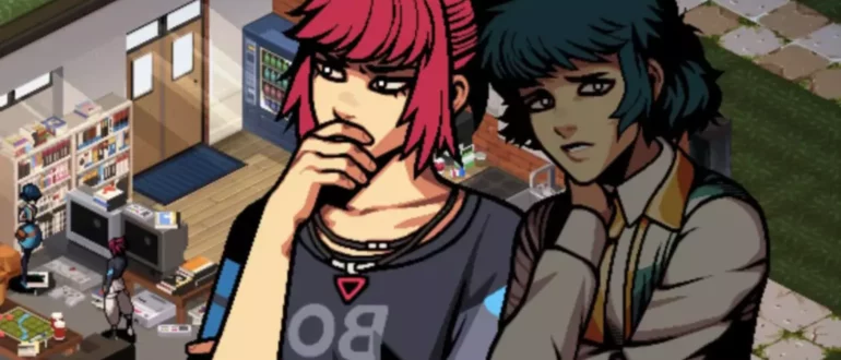 Schermata del gioco Demonschool con due personaggi che sembrano nervosi con l'aula scolastica alle spalle