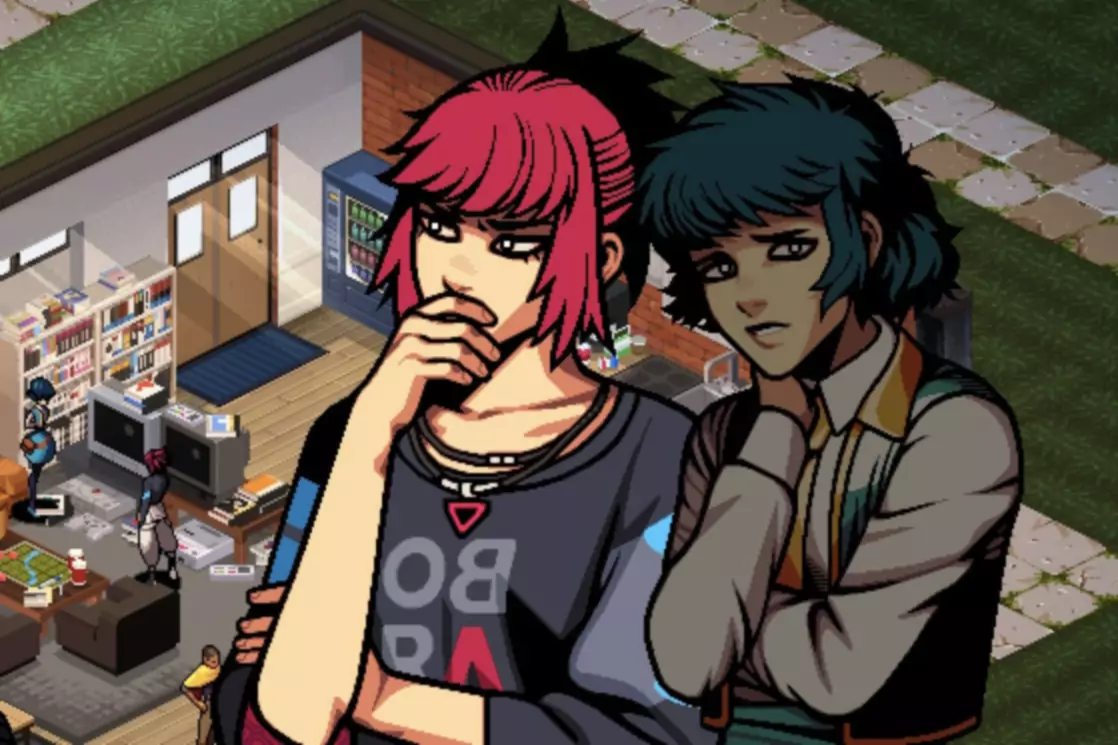 Snímek obrazovky ze hry Demonschool se dvěma nervózně vyhlížejícími postavami a školní třídou za nimi