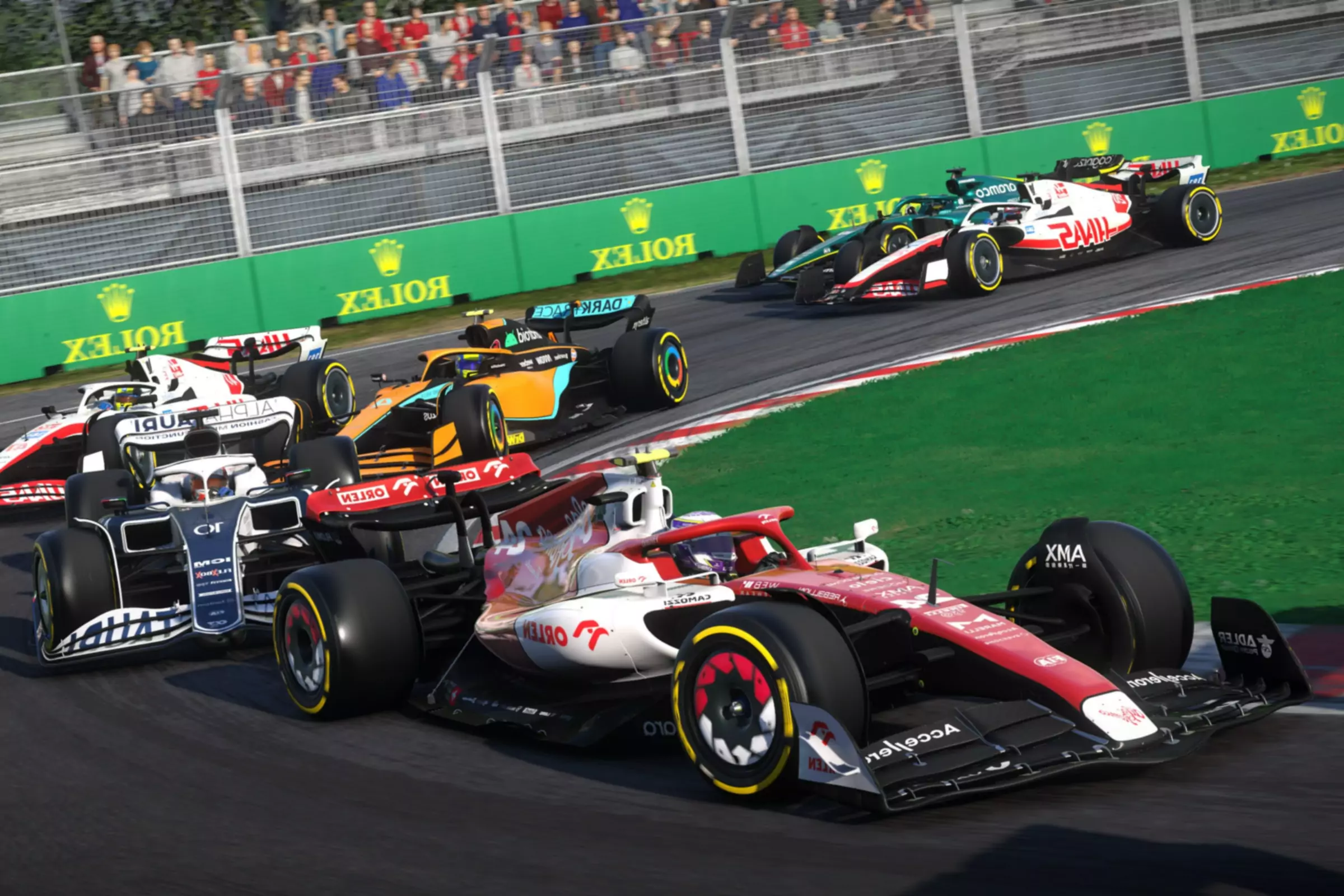 Captură de ecran a jocului F1 2022 cu mașini de curse F1 care circulă pe pistă
