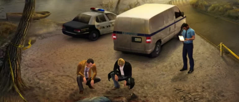 Capture d'écran du jeu Gabriel Knight Sins of the Fathers 20th Anniversary Edition montrant les personnages et la police observant ...