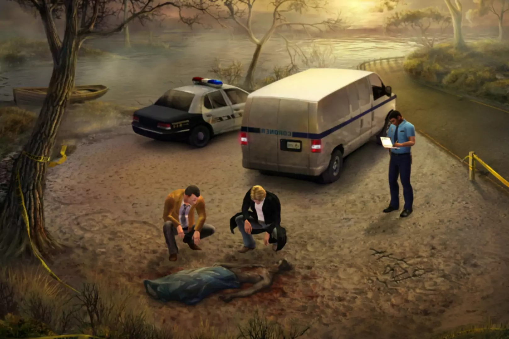 Capture d'écran du jeu Gabriel Knight Sins of the Fathers 20th Anniversary Edition montrant les personnages et la police observant ...