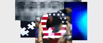 Foto kolāža no rokām, kas tur Q zīmi, izplūdušas daudzkārtējas ekspozīcijas sejas puzles gabaliņi un viļņains režģis
