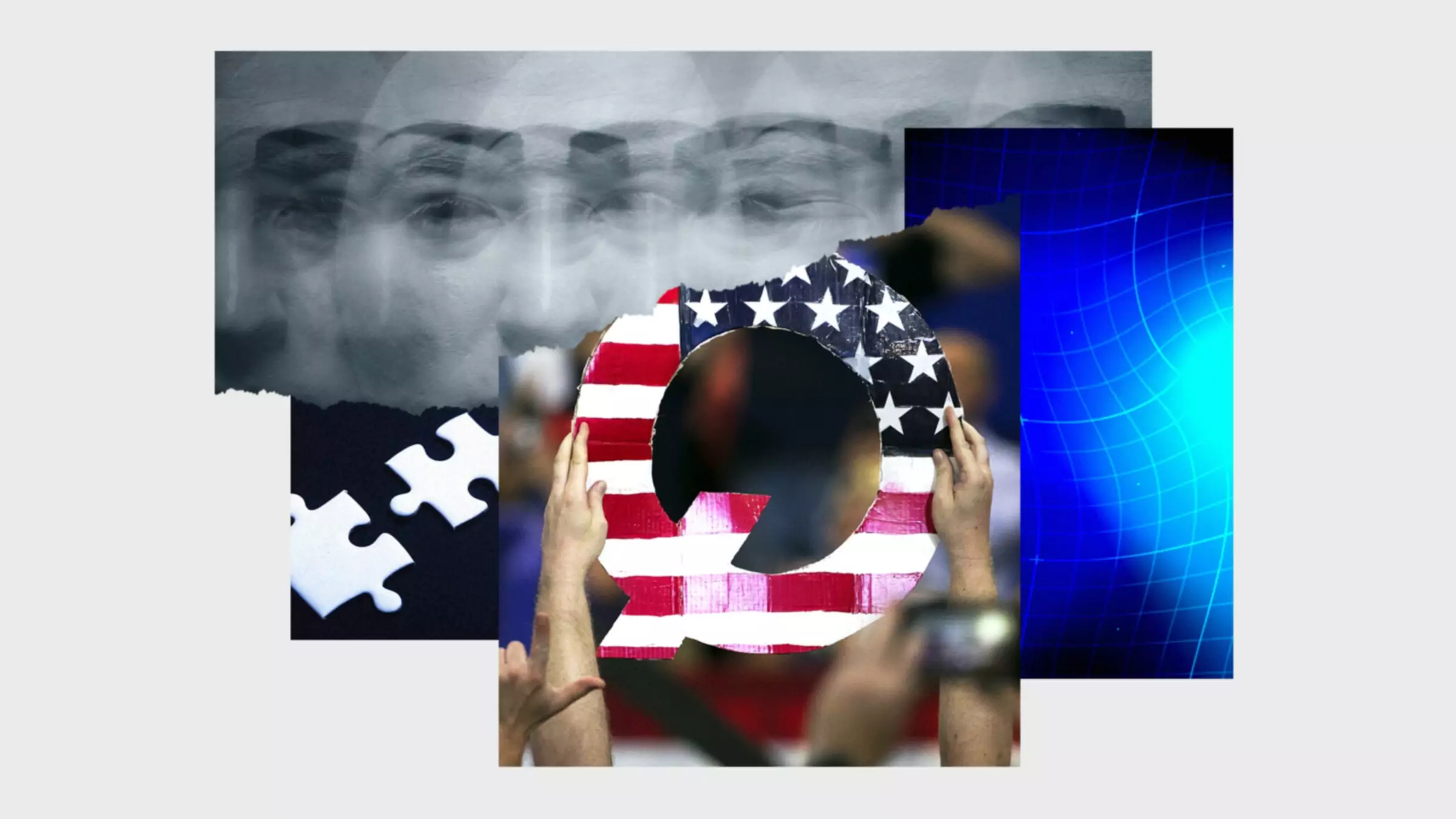 Foto kolāža no rokām, kas tur Q zīmi, izplūdušas daudzkārtējas ekspozīcijas sejas puzles gabaliņi un viļņains režģis