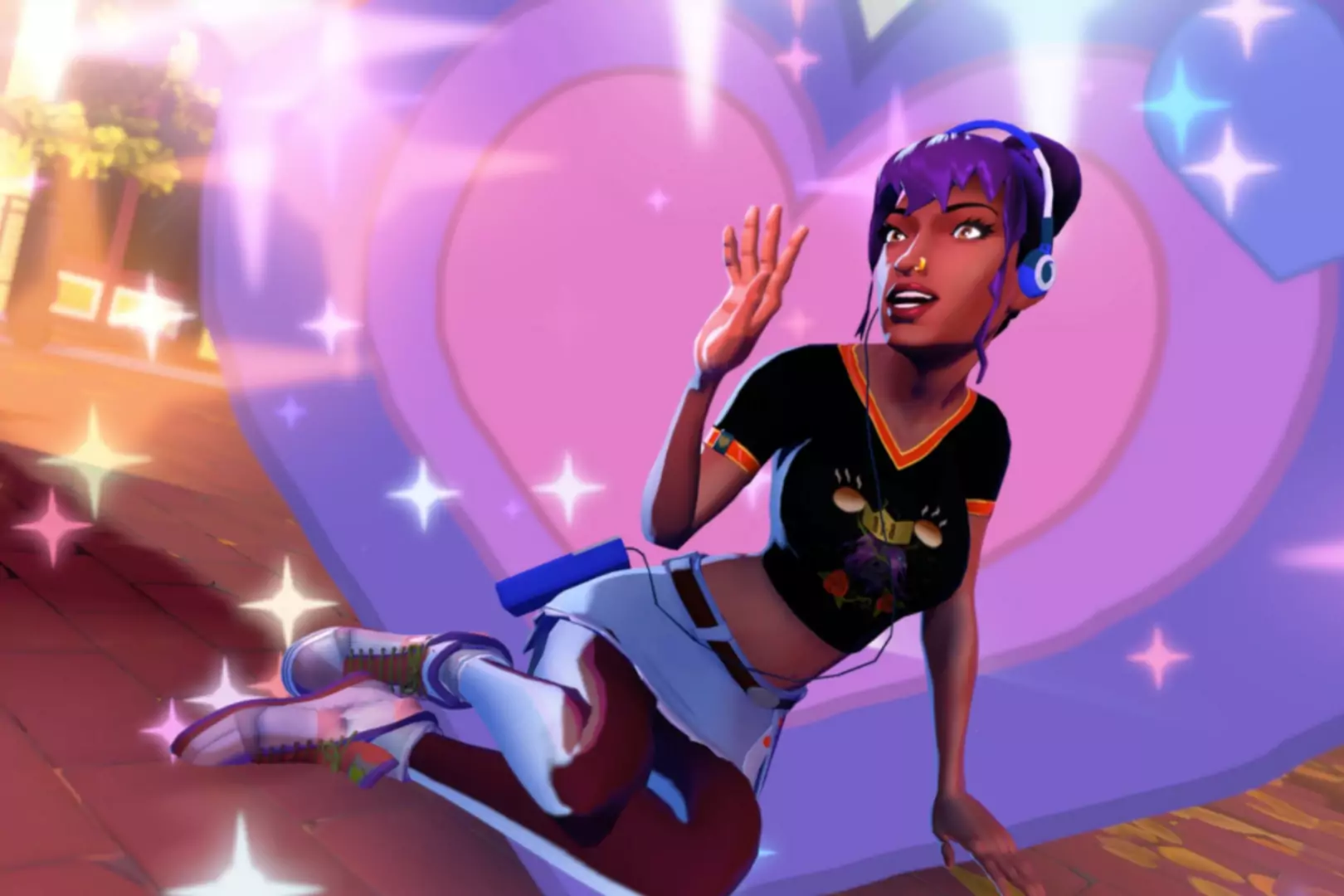 Captură de ecran a jocului Thirsty Suitors cu personajul stând jos cu stele și inimi în jurul ei