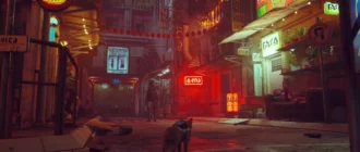 流浪游戏的截图，猫在未来的赛博朋克城市中行走。