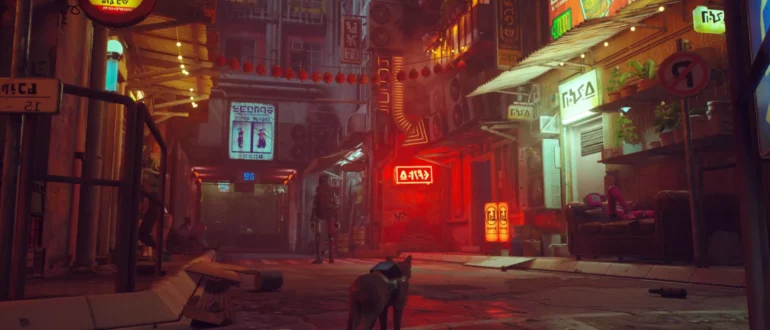 Snímek obrazovky ze hry Stray s kočkou procházející futuristickým kyberpunkovým městem
