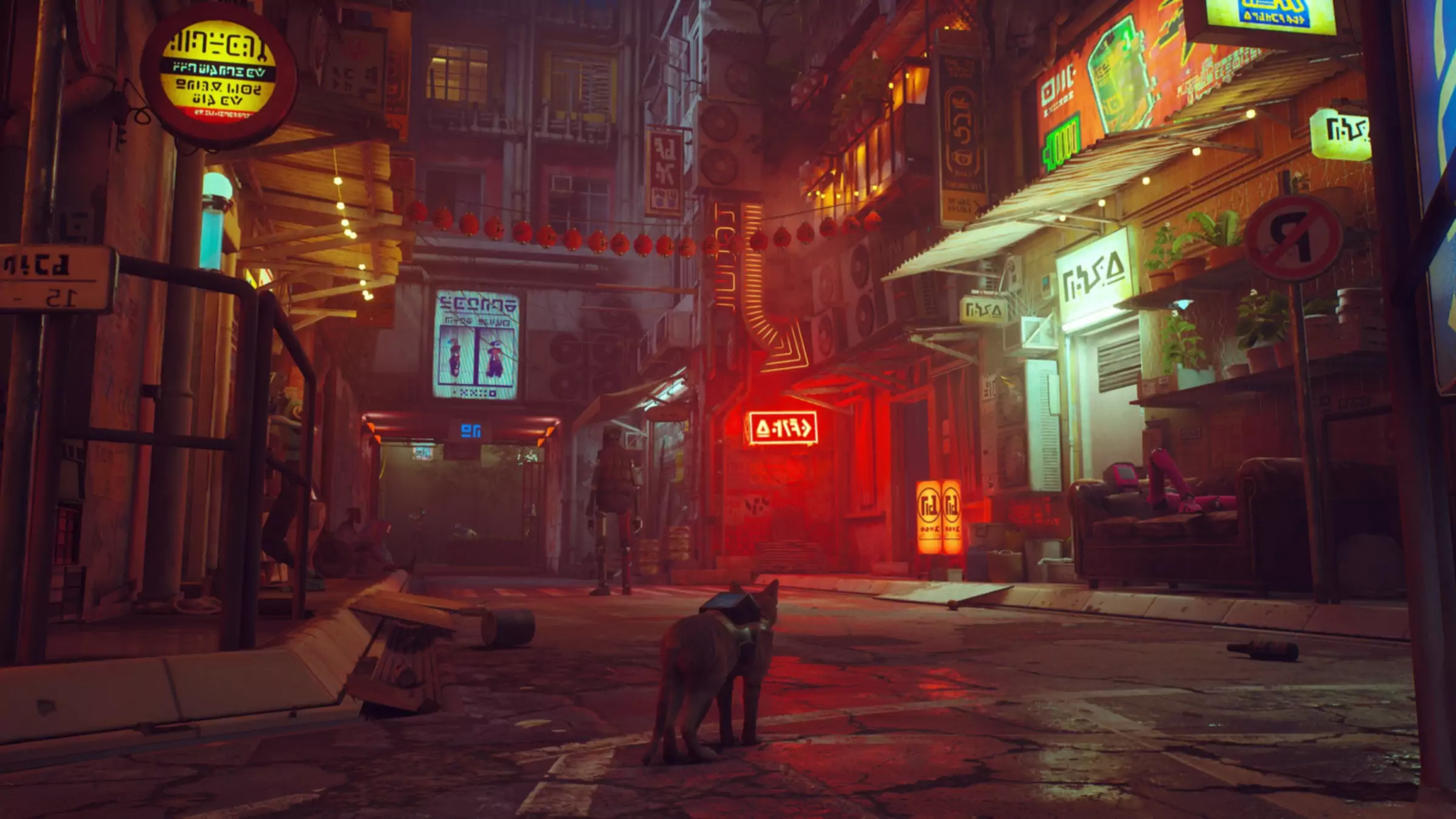 Fütüristik siberpunk şehrinde yürüyen kedinin yer aldığı Stray oyununun ekran görüntüsü