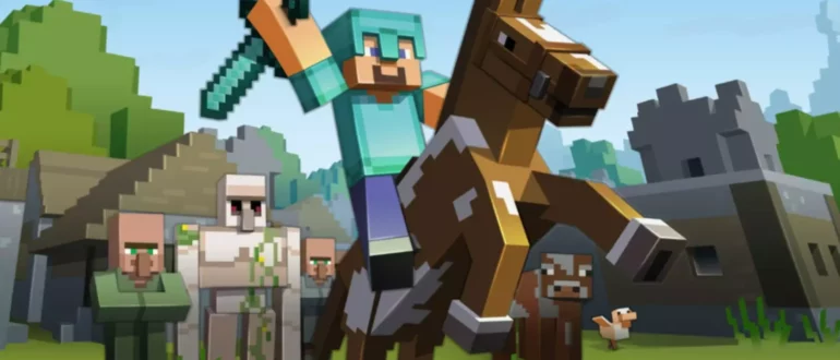 Captură de ecran a jocului Minecraft cu un personaj care călărește un cal și flutură o sabie