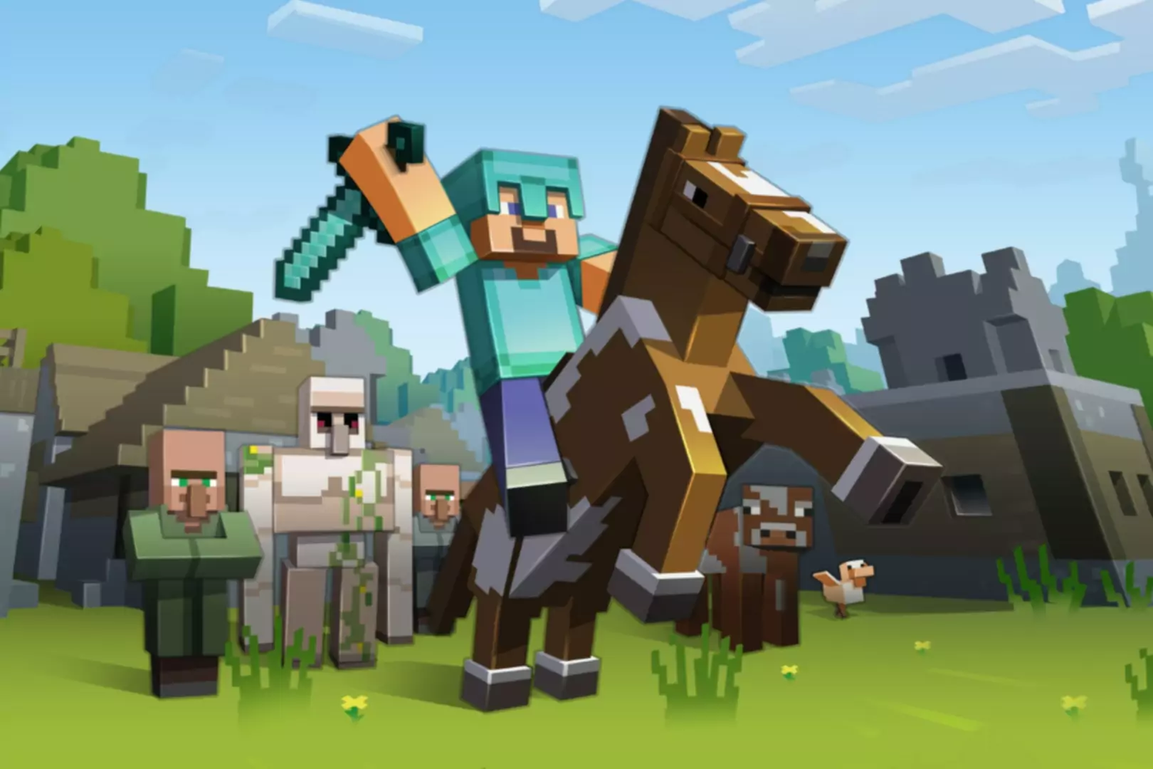 Skærmbillede af Minecraft-spil med en figur, der rider på en hest og vifter med et sværd