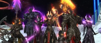 Schermata di Final Fantasy XIV Endwalker con personaggi in piedi con armi e armature elaborate
