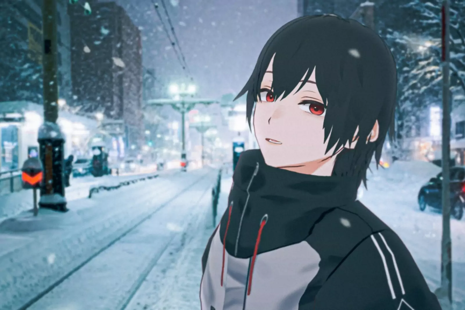 Animācijas tēls pozē sniegotas ielas priekšā