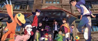 Obrázek pro hru Digimon Survive s postavami a příšerami Digimon, které se ohlížejí na kameru a vbíhají do velkého domu