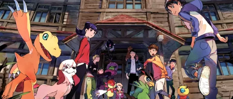 Obrázek pro hru Digimon Survive s postavami a příšerami Digimon, které se ohlížejí na kameru a vbíhají do velkého domu