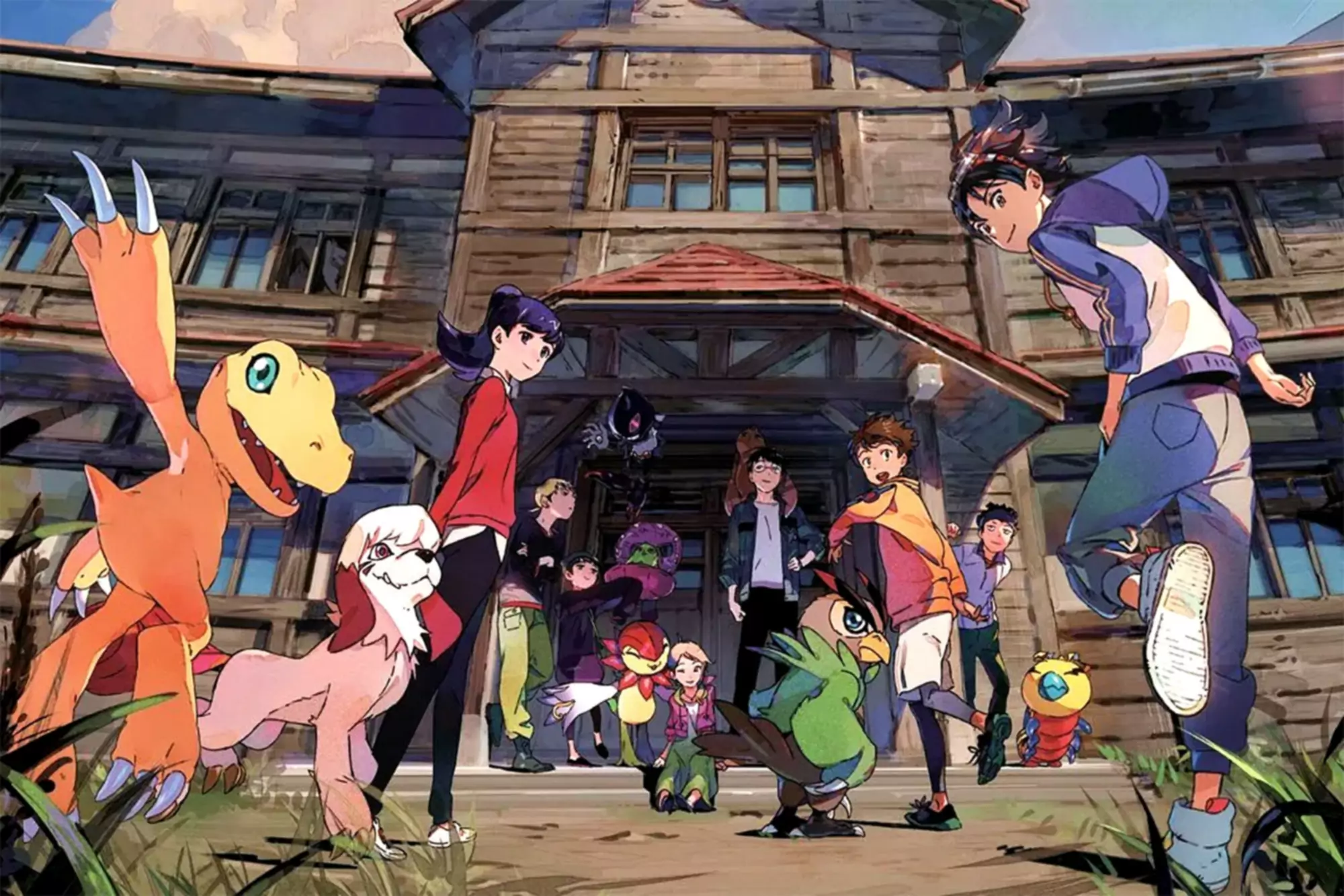 Artwork til Digimon Survive med figurer og Digimon-monstre, der kigger tilbage på kameraet, mens de løber ind i et stort hus