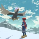 Pokemon Legends Arceus ekrānšāviņš, kurā attēlots tēls, kas skatās uz lidojošiem pokemoniem uz sniegota kalna