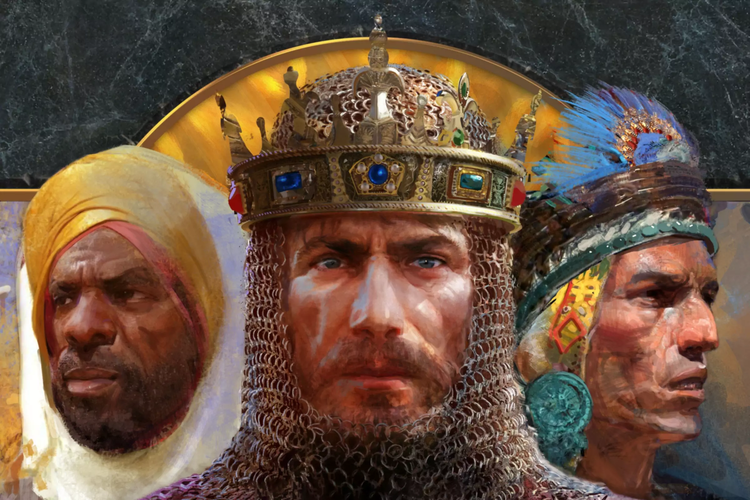 Naslovnica igre Age of Empires II z zgodovinskimi liki.