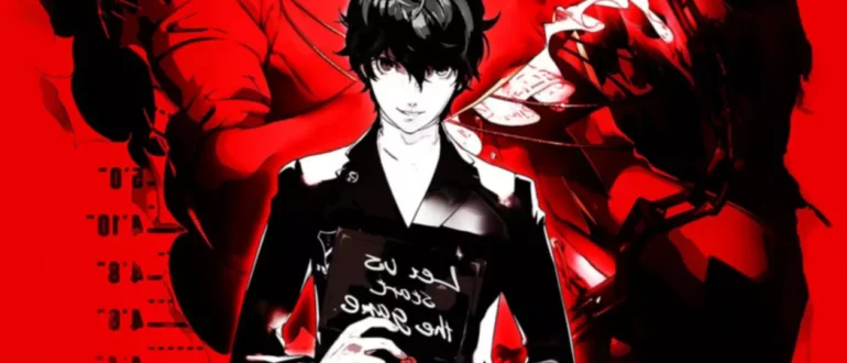 Artwork of Persona 5 game featuring character holding card that says name with other characters in the background.