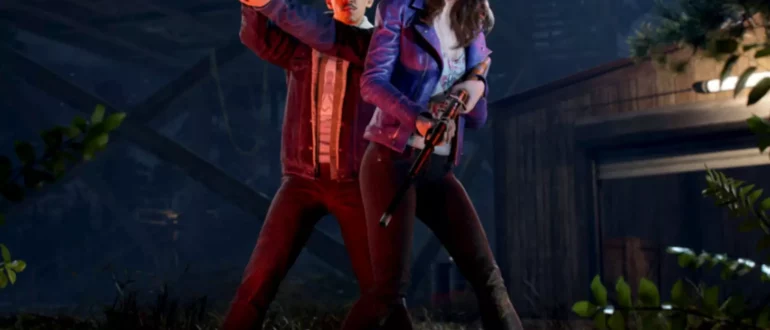 Snímek obrazovky ze hry Evil Dead The Game se dvěma postavami mířícími zbraněmi do tmy