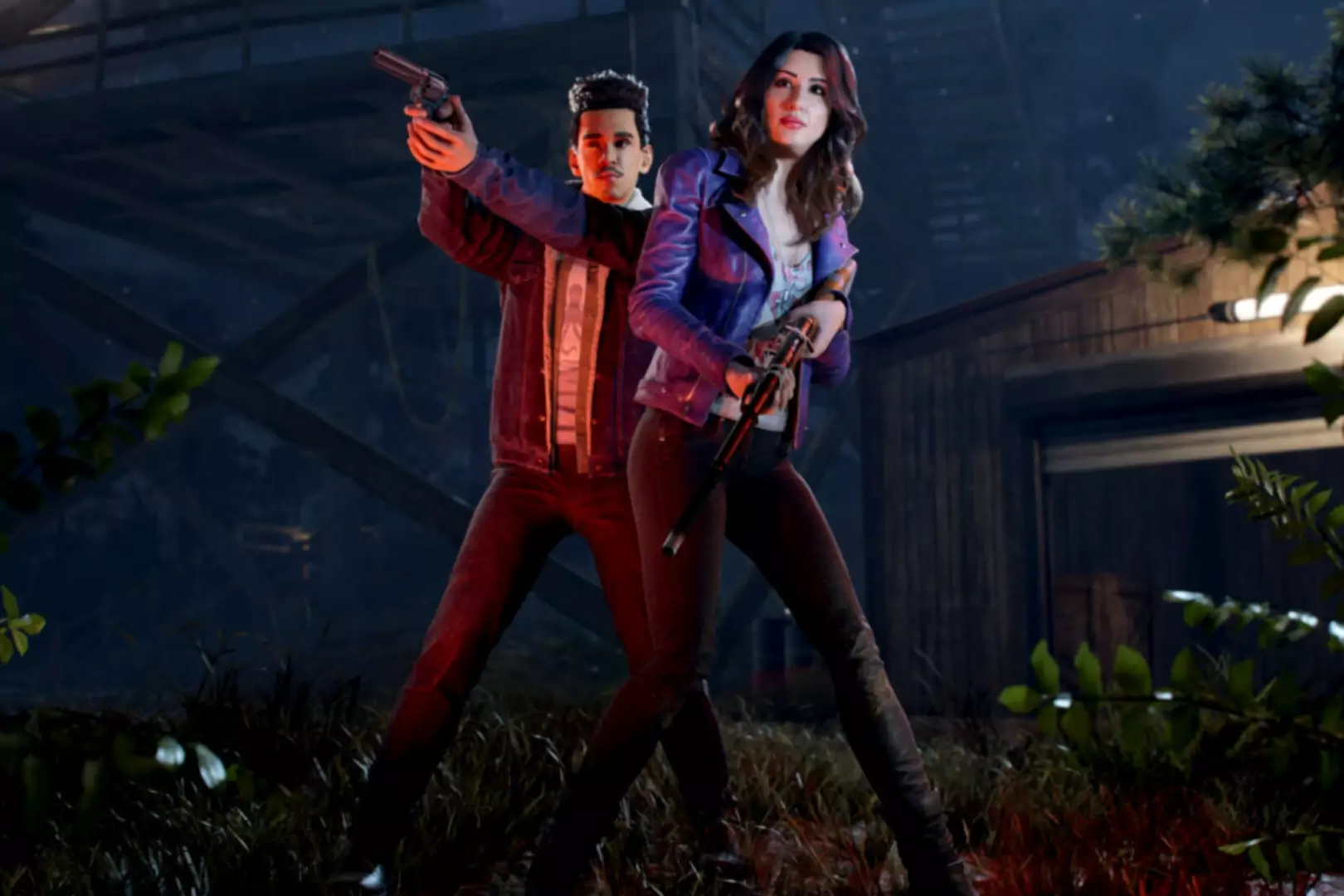 Capture d'écran de Evil Dead The Game montrant deux personnages pointant des armes dans l'obscurité.