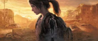 Artwork ke hře The Last of Us s jednou velkou postavou, která je překryta jednou menší postavou procházející...