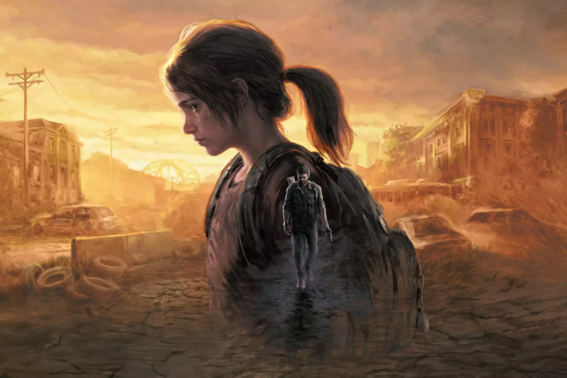 Ilustrație pentru The Last of Us care prezintă un personaj mare suprapus peste un personaj mai mic care se plimbă printr-un...