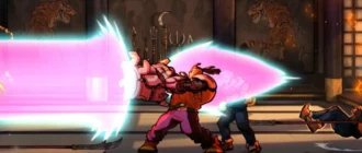 Zaslonska slika igre Streets of Rage 4 z likom, ki iz rok izstreli rožnato eksplozijo