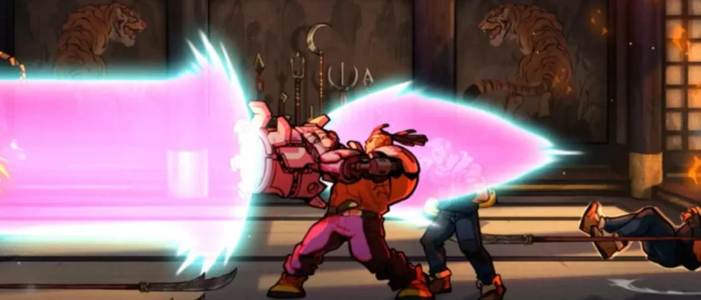 Snímek obrazovky ze hry Streets of Rage 4, na kterém postava střílí růžový výbuch z rukou