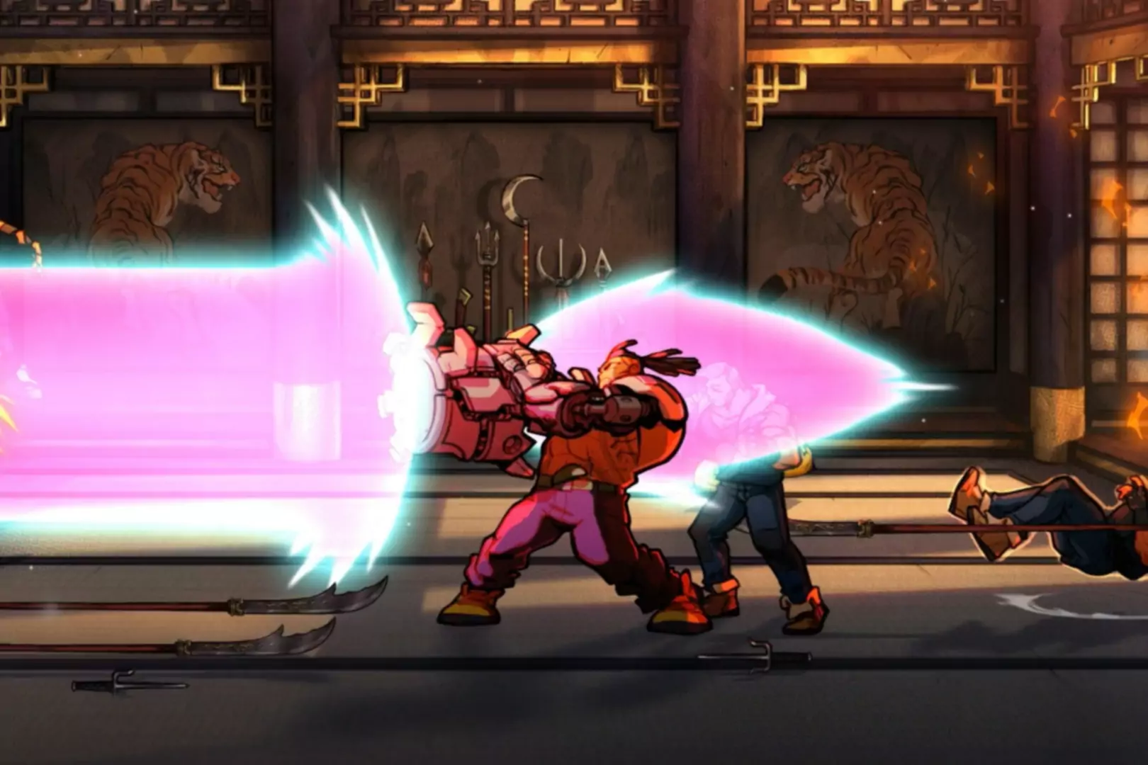 Streets of Rage 4'ün ellerinden pembe patlamalar çıkaran karakteri içeren ekran görüntüsü