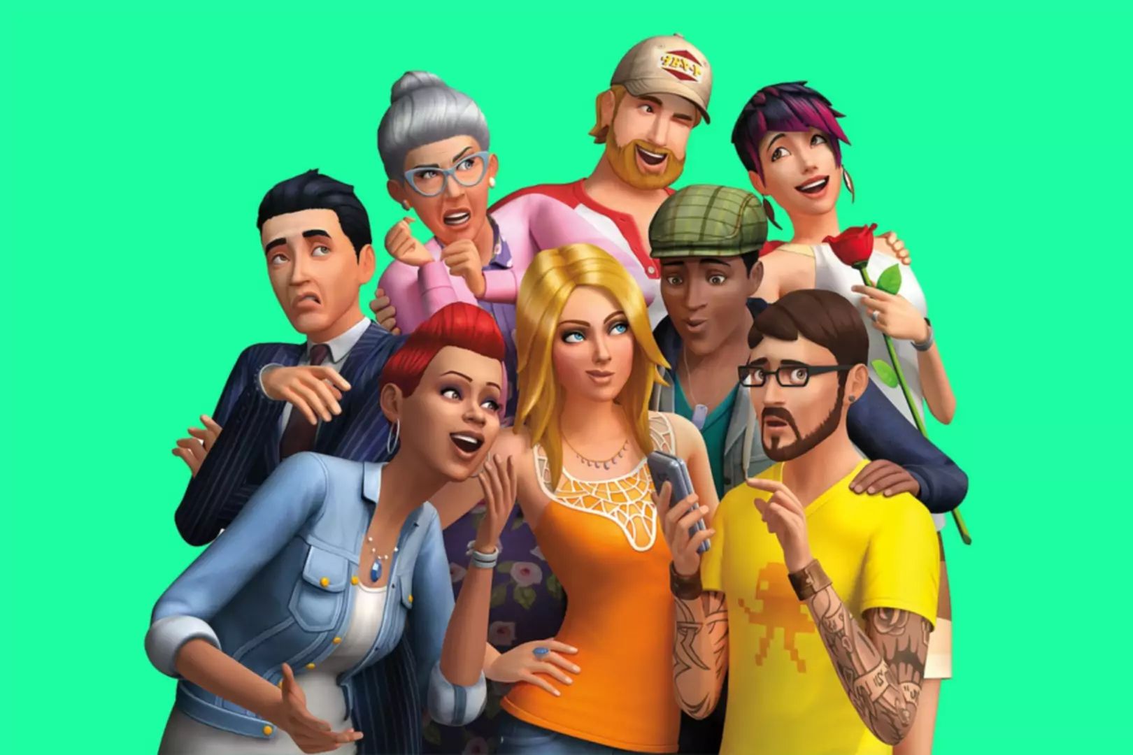 Des personnages Sims en images de synthèse posant ensemble et faisant des expressions stupides.