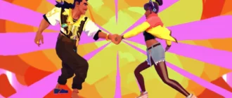 Snímek obrazovky hry Thirsty Suitors se dvěma postavami podávajícími si ruce na jasném barevném pozadí