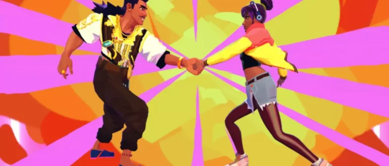 Snímek obrazovky hry Thirsty Suitors se dvěma postavami podávajícími si ruce na jasném barevném pozadí