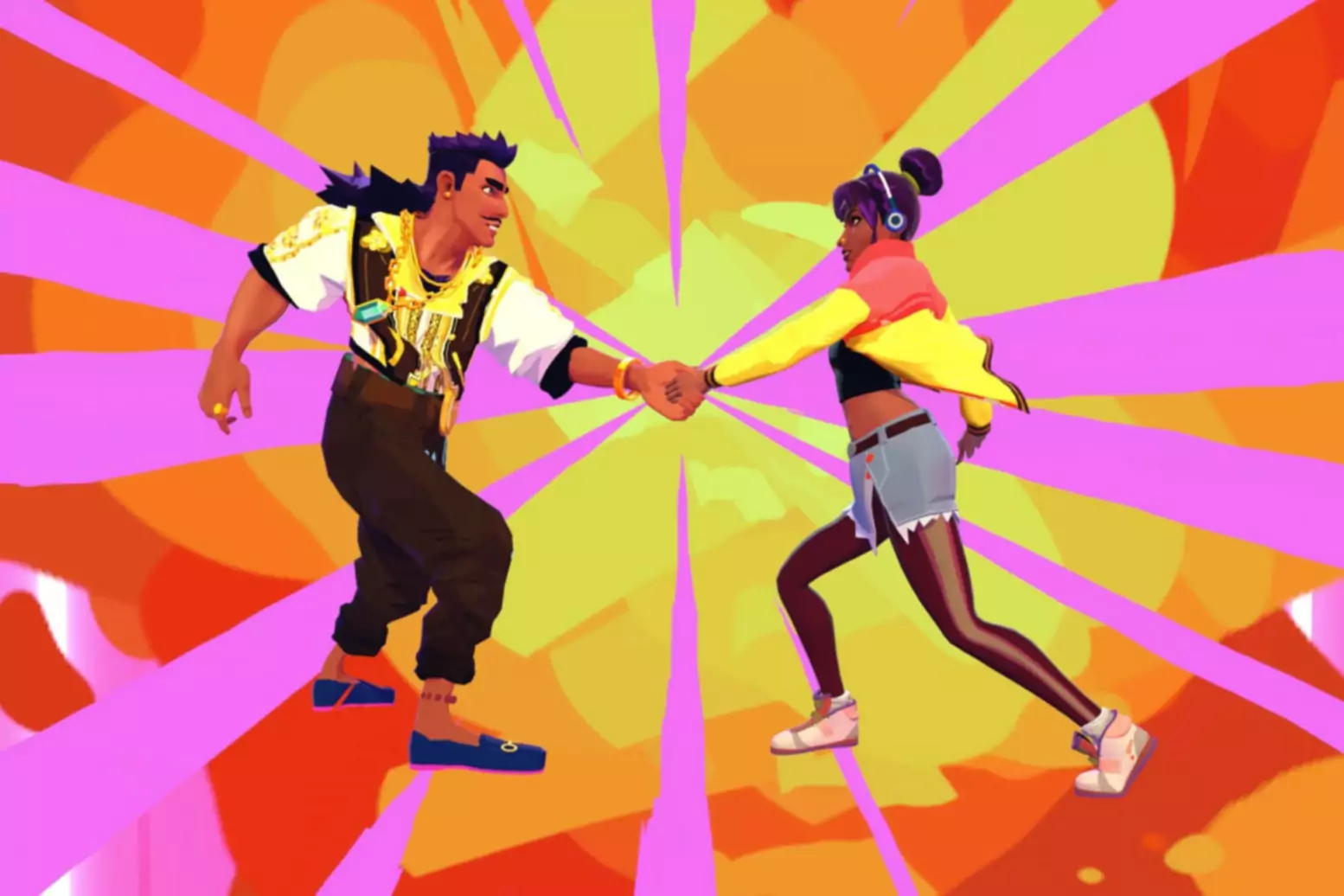 Capture d'écran du jeu Thirsty Suitors représentant deux personnages se serrant la main sur une toile de fond colorée et lumineuse.