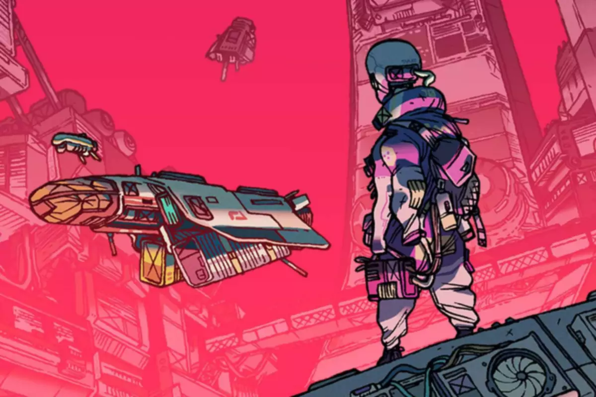 Illustration du jeu Citizen Sleeper avec un personnage regardant un vaisseau spatial futuriste.