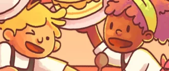 Ilustrovaný obrázek dvou postaviček z LemonCake, které nesou pečivo a usmívají se.