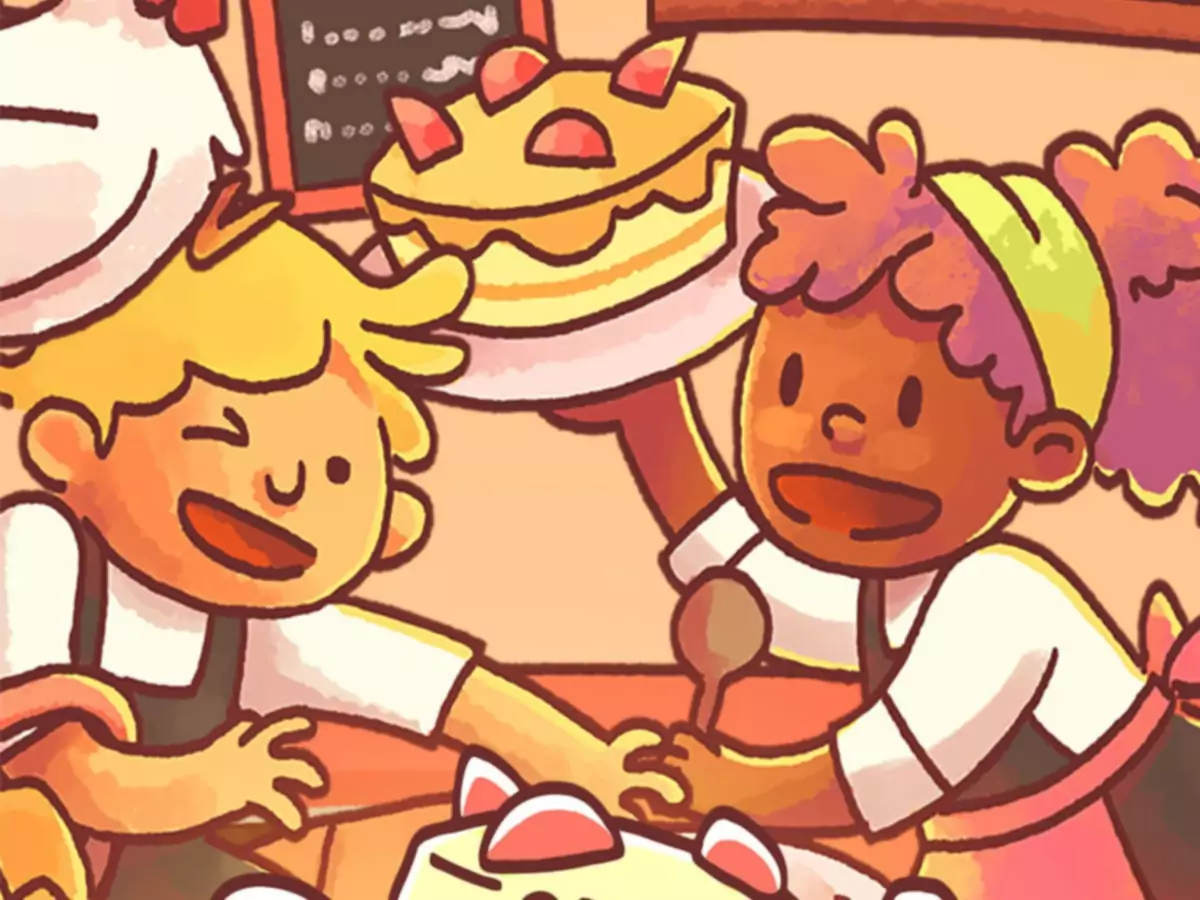 Ilustrēta māksla, kurā attēloti divi LemonCake varoņi, kas nes maizītes un smaida.