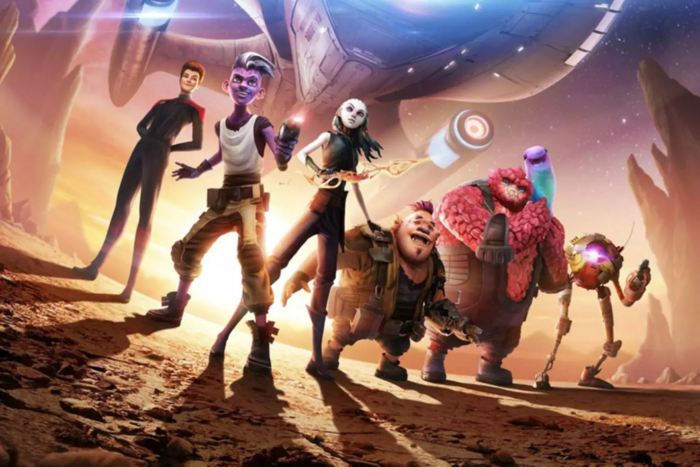 星际迷航神童》视频游戏的艺术作品，人物在大型宇宙飞船旁边的干燥星球上摆姿势。
