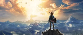 Poslikana umetnina igre The Legend of Zelda Breath of the Wild z likom, ki stoji na vrhu skale s pogledom na prostrano...