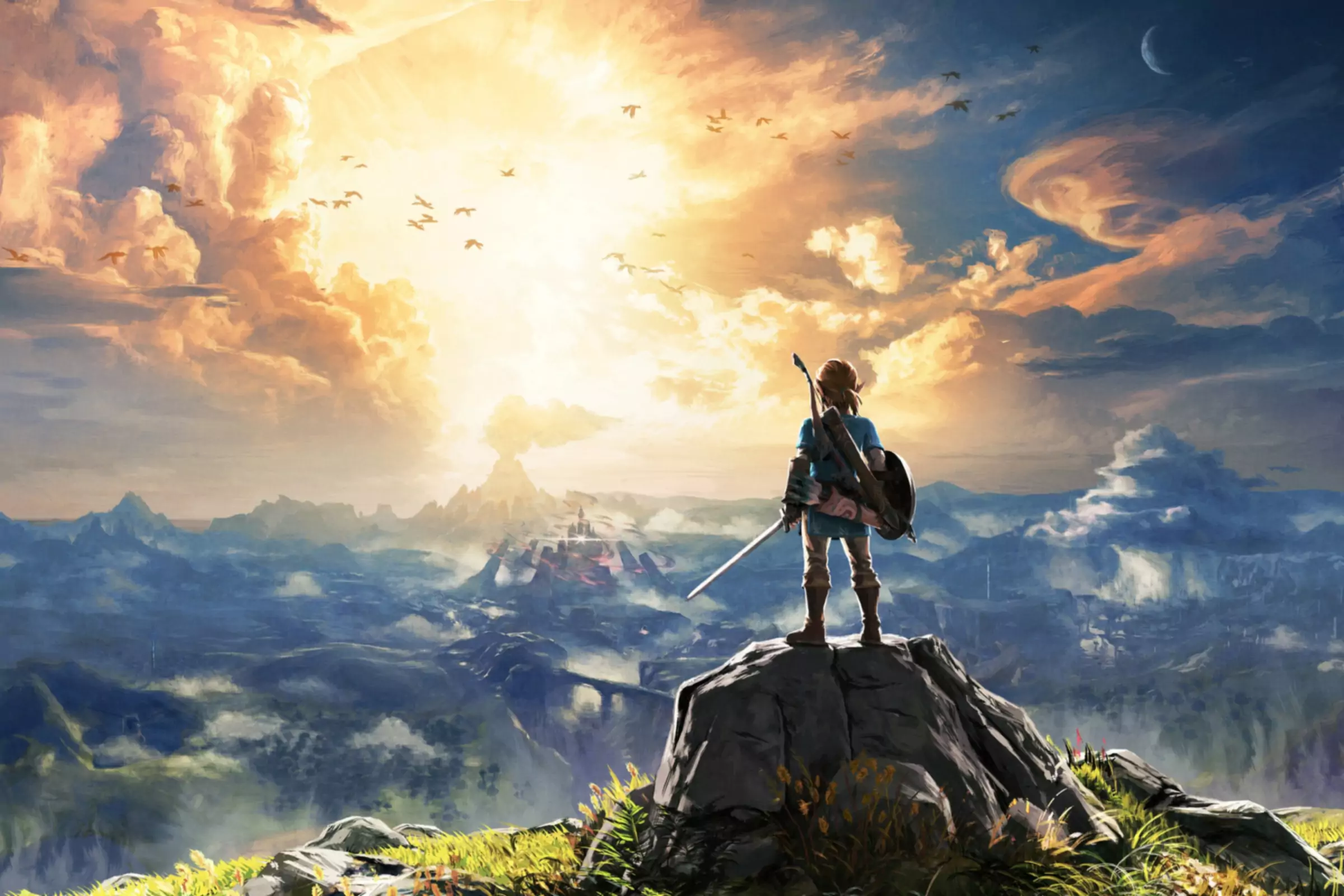 Malovaný artwork hry The Legend of Zelda Breath of the Wild s postavou stojící na vrcholu skály s výhledem na rozlehlou...