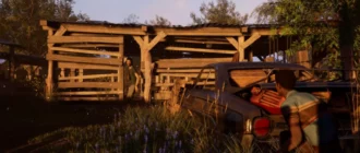 Skærmbillede af Texas Chainsaw Massacre-spillet med en figur, der gemmer sig for morderen