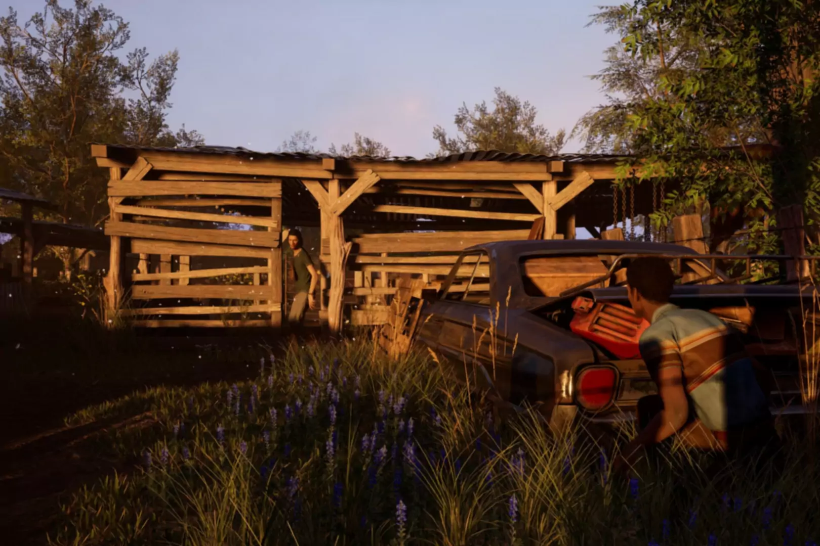 Zaslonska slika igre Texas Chainsaw Massacre, na kateri se lik skriva pred morilcem